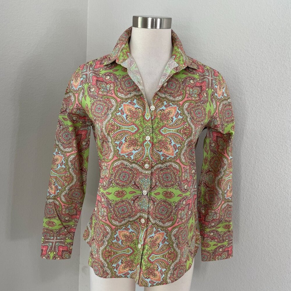 NEW Lands End Womens 4 Petite‎ Paisley Button Up Shirt Long Sleeve Blouse Top